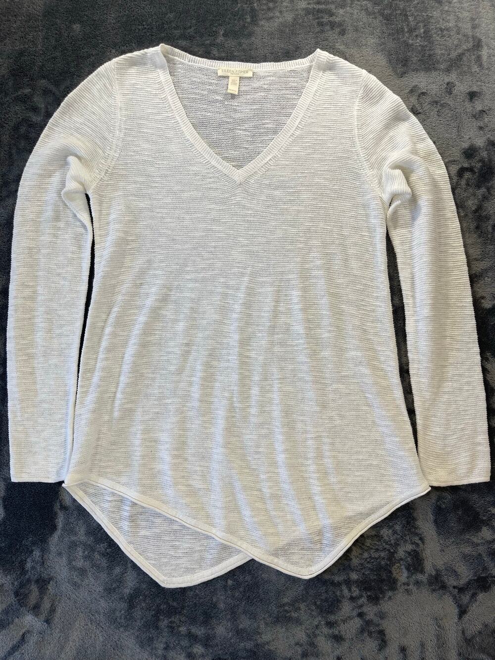 Eileen Fisher Womens PP PTP White V Neck Long Sleeve Knit High Low Tunic Sweater